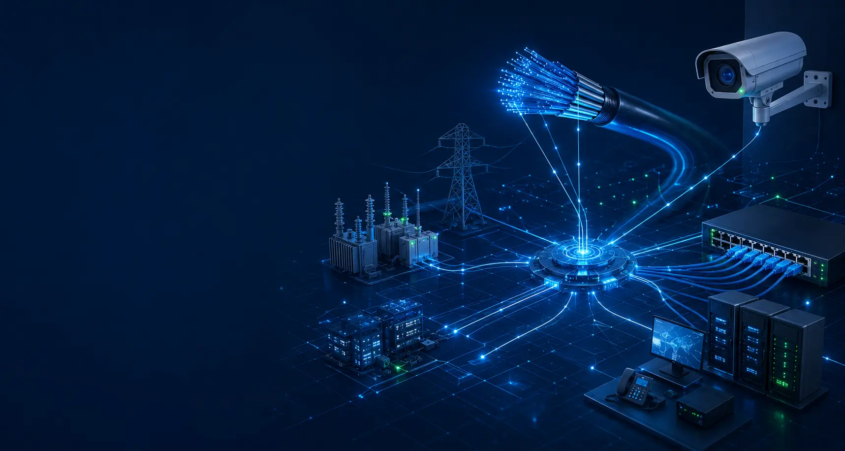Ilustración tecnológica de redes, fibra óptica, seguridad y soporte TI